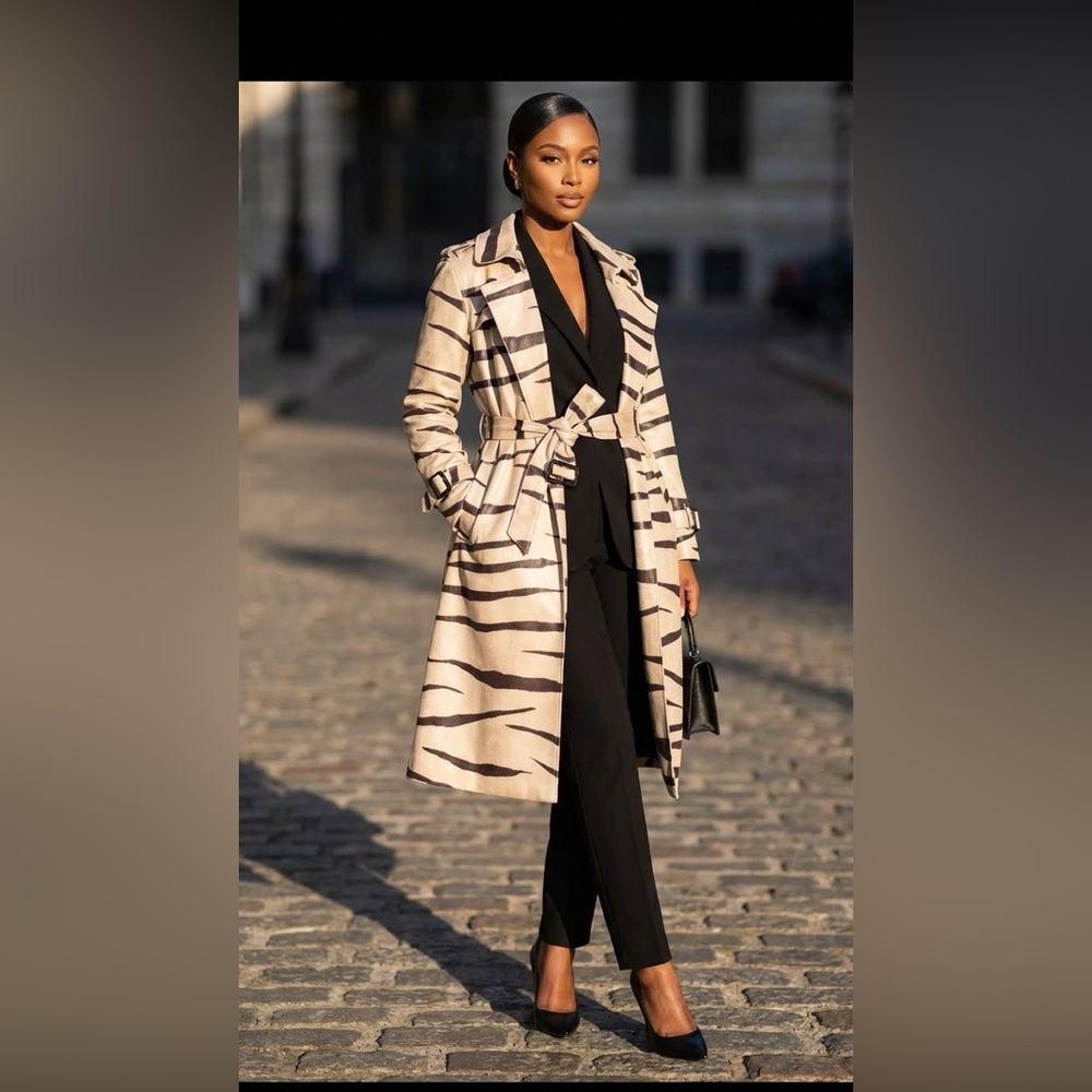 Elegant Zebra Print Belted Lapel Trench - Picture 2 of 11